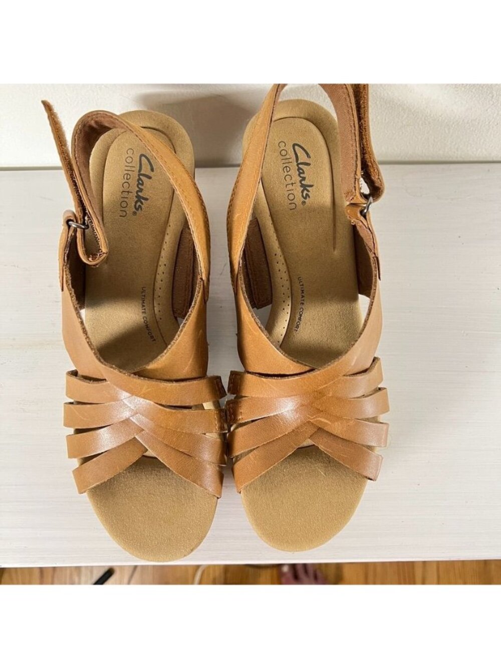 Clarks Collection Women’s 9.5 Tan Leather Strappy Cork Wedge Sandals Resort - Picture 10 of 12